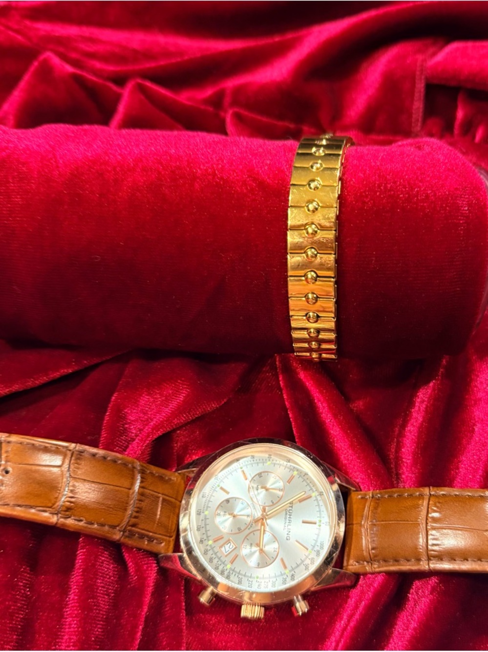 Men's Brown Leather Chronograph Watch with Gold Bracelet